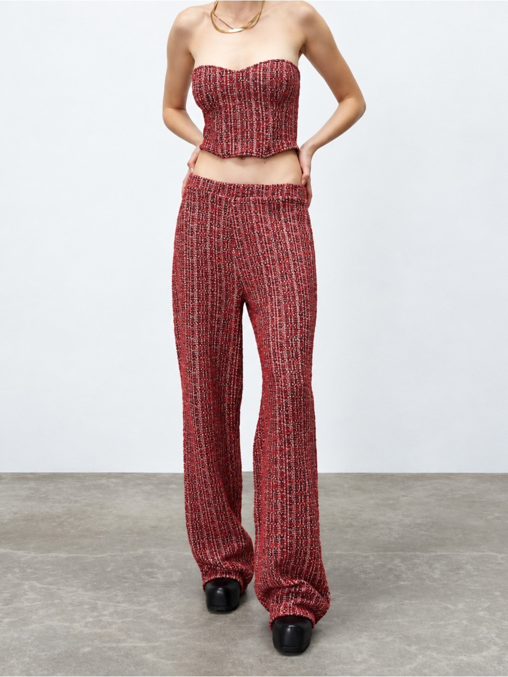 Zara Red Tweed Corset Top & Wide Leg Pants Set – S/L